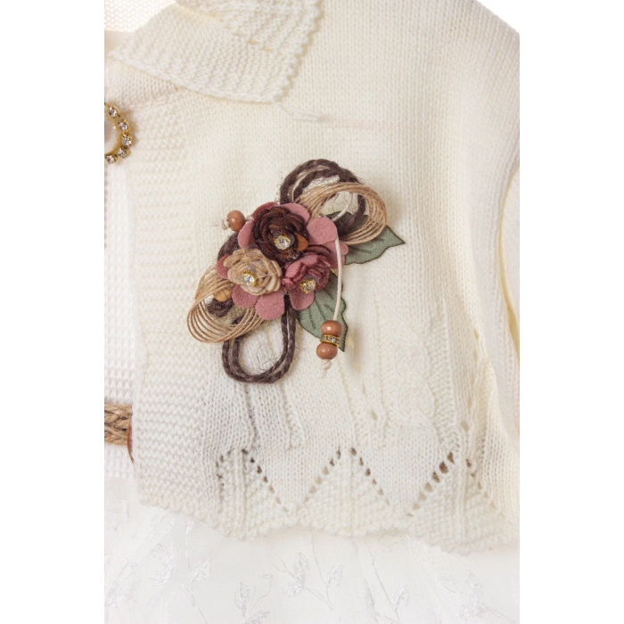 kum beji beyaz renkli hasir kemerli cicek broslu bolerolu tullu astarli pamuklu kaliteli uzun kollu kiz cocuk elbise