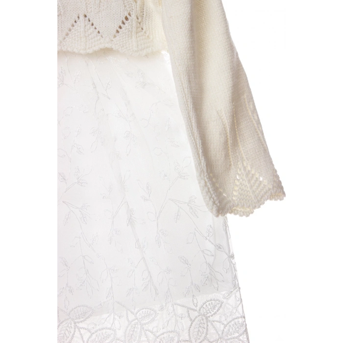 kum beji beyaz renkli hasir kemerli cicek broslu bolerolu tullu astarli pamuklu kaliteli uzun kollu kiz cocuk elbise