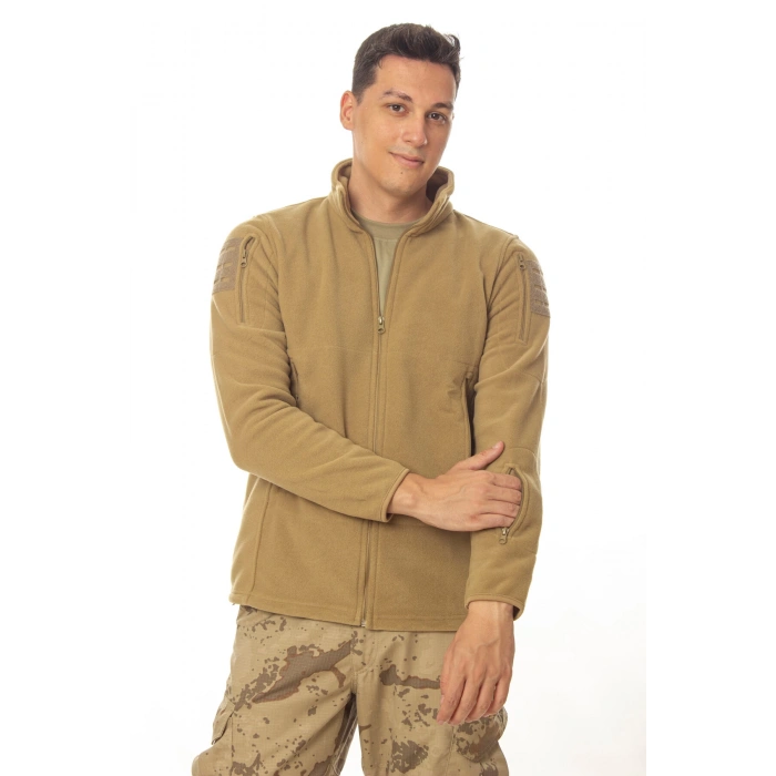 kum beji renkli 5 cepli tam fermuarli uzun kollu bato yaka soguk gecirmez polar mont