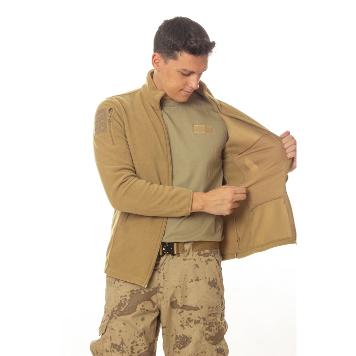 kum beji renkli 5 cepli tam fermuarli uzun kollu bato yaka soguk gecirmez polar mont