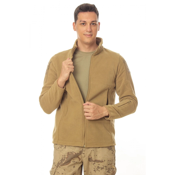 kum beji renkli 5 cepli tam fermuarli uzun kollu bato yaka soguk gecirmez polar mont