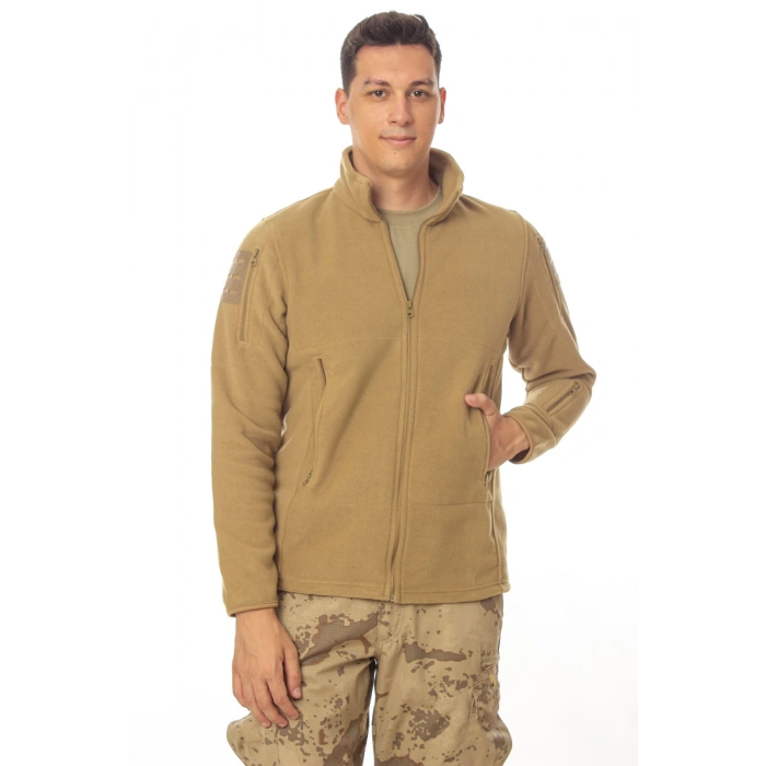 kum beji renkli 5 cepli tam fermuarli uzun kollu bato yaka soguk gecirmez polar mont