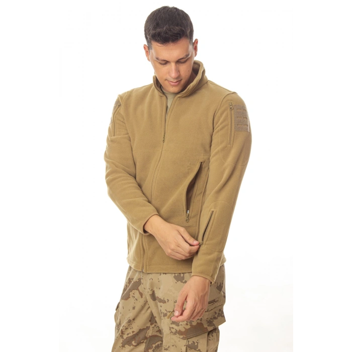 kum beji renkli 5 cepli tam fermuarli uzun kollu bato yaka soguk gecirmez polar mont