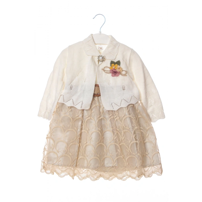 kum beji renkli bolerolu tullu astarli pamuklu kaliteli uzun kollu kiz cocuk elbise