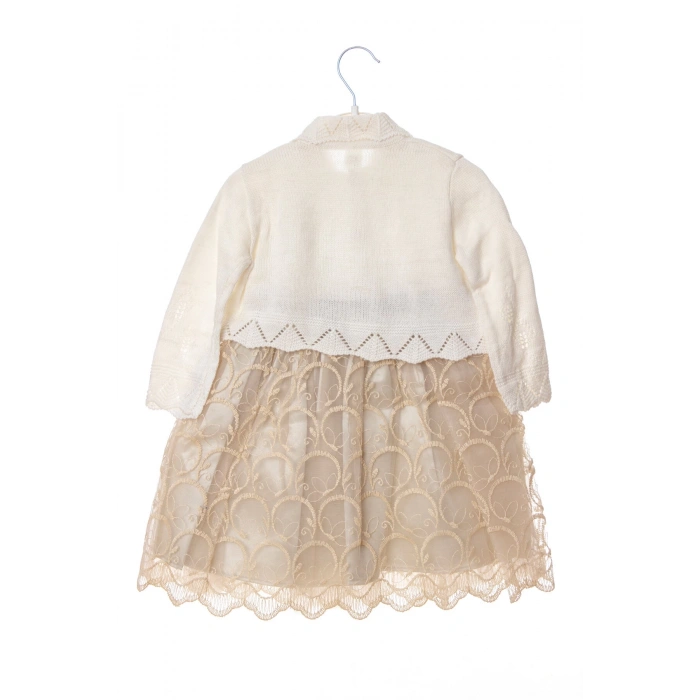 kum beji renkli bolerolu tullu astarli pamuklu kaliteli uzun kollu kiz cocuk elbise