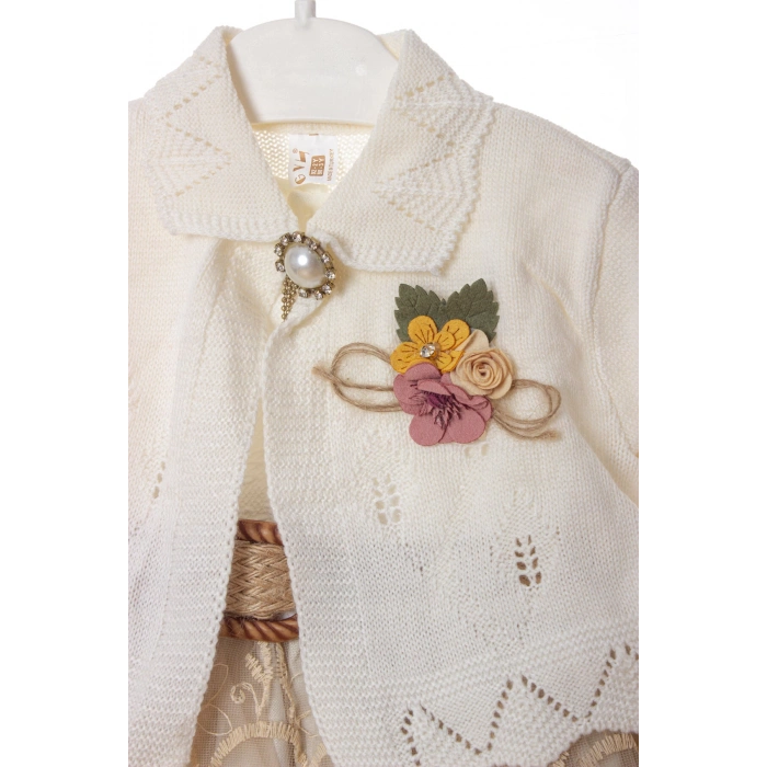 kum beji renkli bolerolu tullu astarli pamuklu kaliteli uzun kollu kiz cocuk elbise