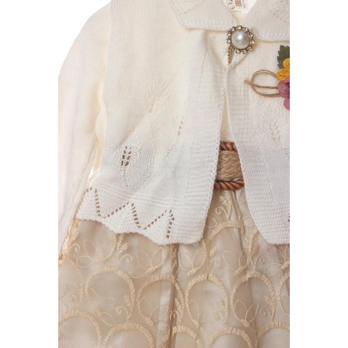 kum beji renkli bolerolu tullu astarli pamuklu kaliteli uzun kollu kiz cocuk elbise