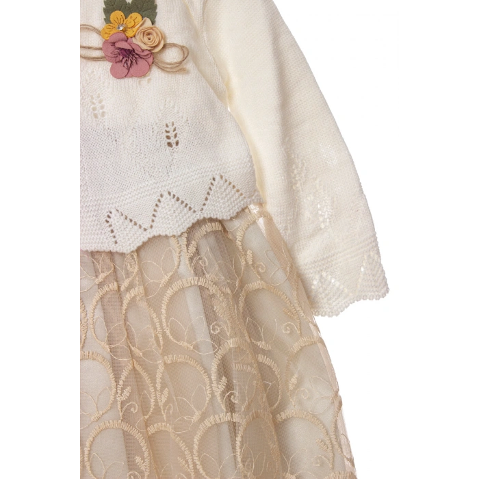 kum beji renkli bolerolu tullu astarli pamuklu kaliteli uzun kollu kiz cocuk elbise