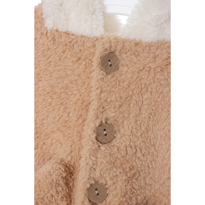 kum beji renkli cocuk wellsoft kaliteli organik uzun kollu dugmeli kapusonlu ayicik nakisli cepli mont