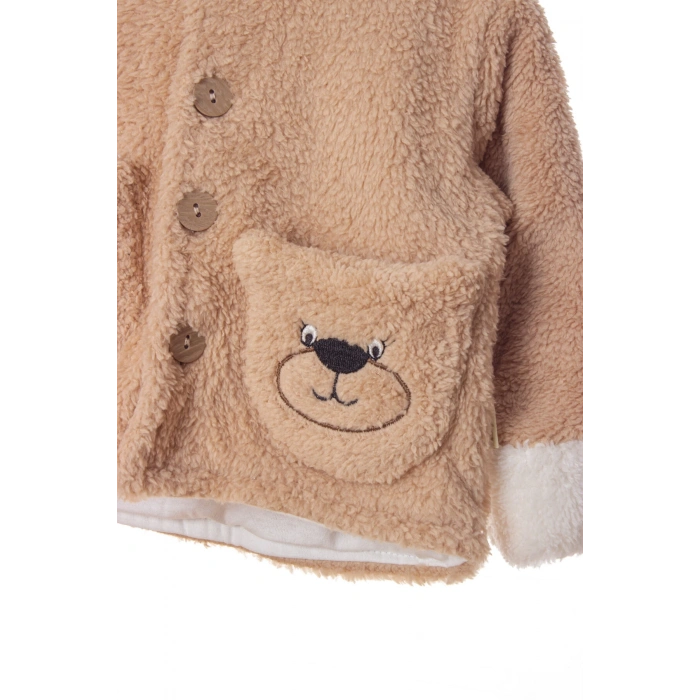 kum beji renkli cocuk wellsoft kaliteli organik uzun kollu dugmeli kapusonlu ayicik nakisli cepli mont