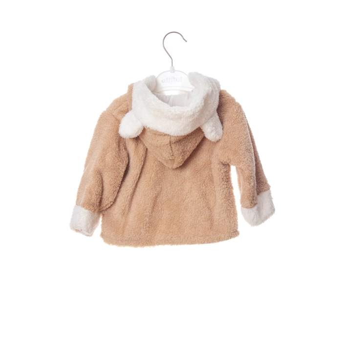 kum beji renkli cocuk wellsoft kaliteli organik uzun kollu dugmeli kapusonlu ayicik nakisli cepli mont