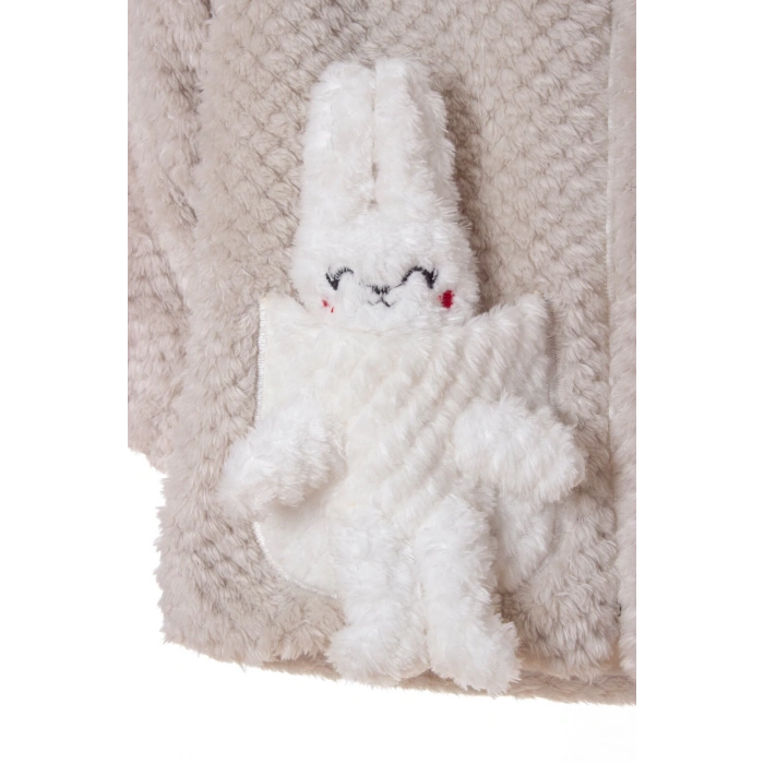 kum beji renkli cocuk wellsoft kaliteli organik uzun kollu fermuarli kapusonlu pelus tavsan nakisli cepli mont