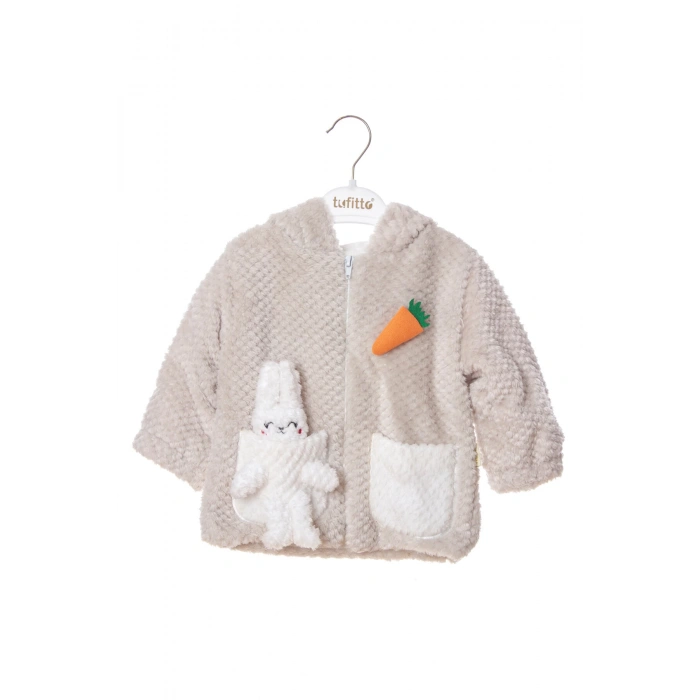 kum beji renkli cocuk wellsoft kaliteli organik uzun kollu fermuarli kapusonlu pelus tavsan nakisli cepli mont