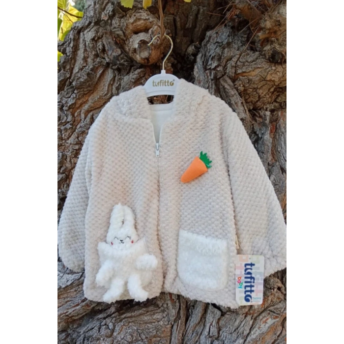 kum beji renkli cocuk wellsoft kaliteli organik uzun kollu fermuarli kapusonlu pelus tavsan nakisli cepli mont