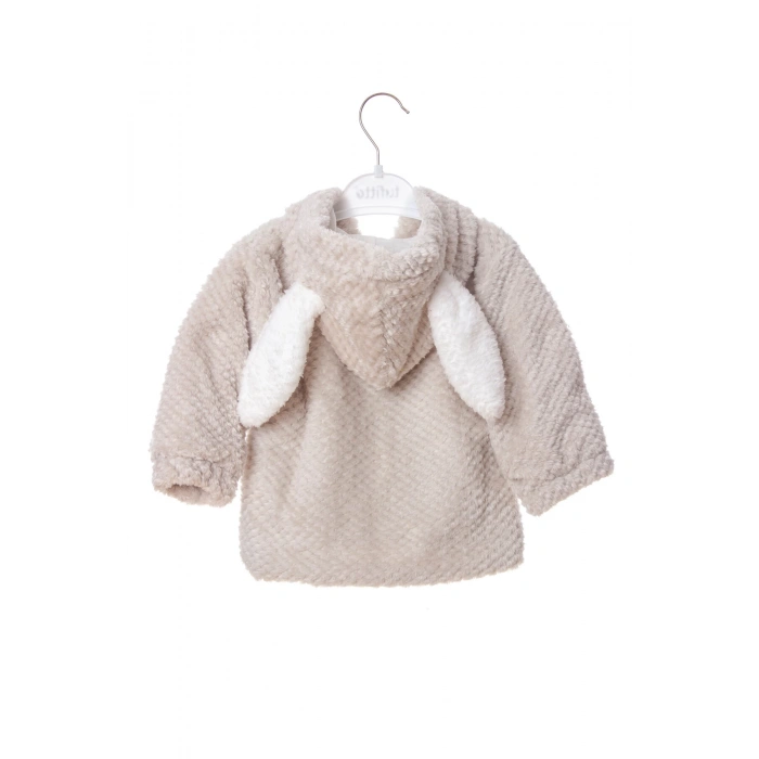 kum beji renkli cocuk wellsoft kaliteli organik uzun kollu fermuarli kapusonlu pelus tavsan nakisli cepli mont