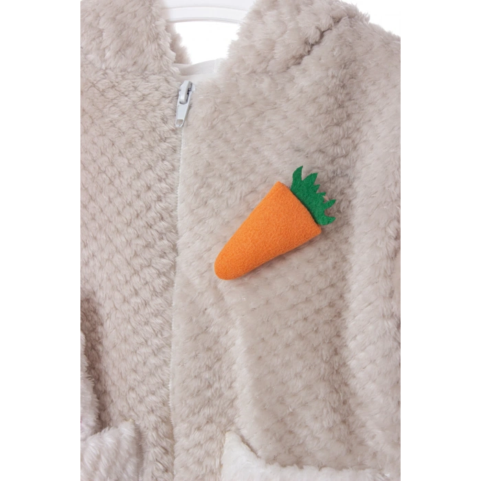 kum beji renkli cocuk wellsoft kaliteli organik uzun kollu fermuarli kapusonlu pelus tavsan nakisli cepli mont