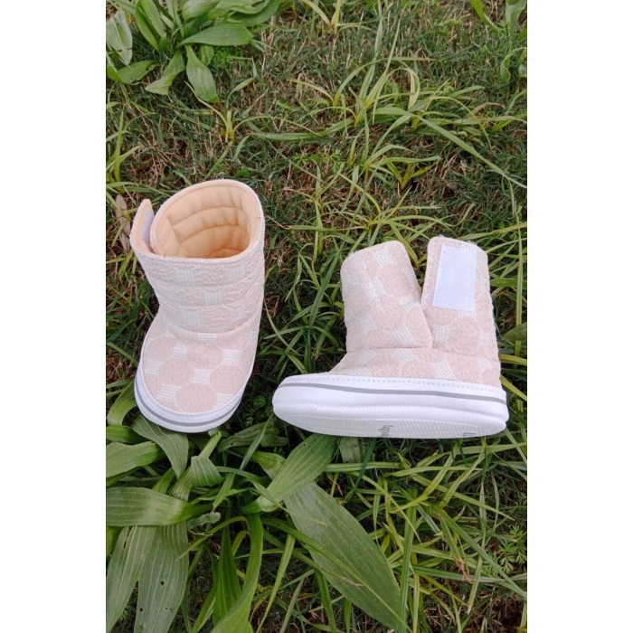 kum beji renkli ici pamuklu cirtli bantli kapamali organik cocuk bebek ilkadim patik panduf