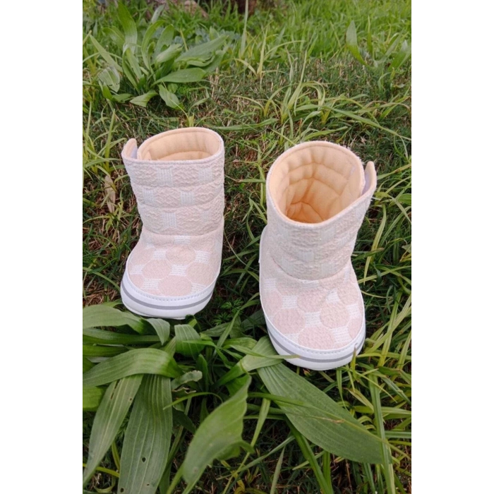 kum beji renkli ici pamuklu cirtli bantli kapamali organik cocuk bebek ilkadim patik panduf