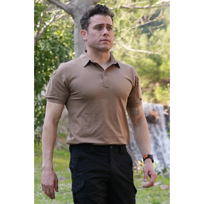 kum beji renkli kisa kollu polo yaka dugmeli taktik tisort