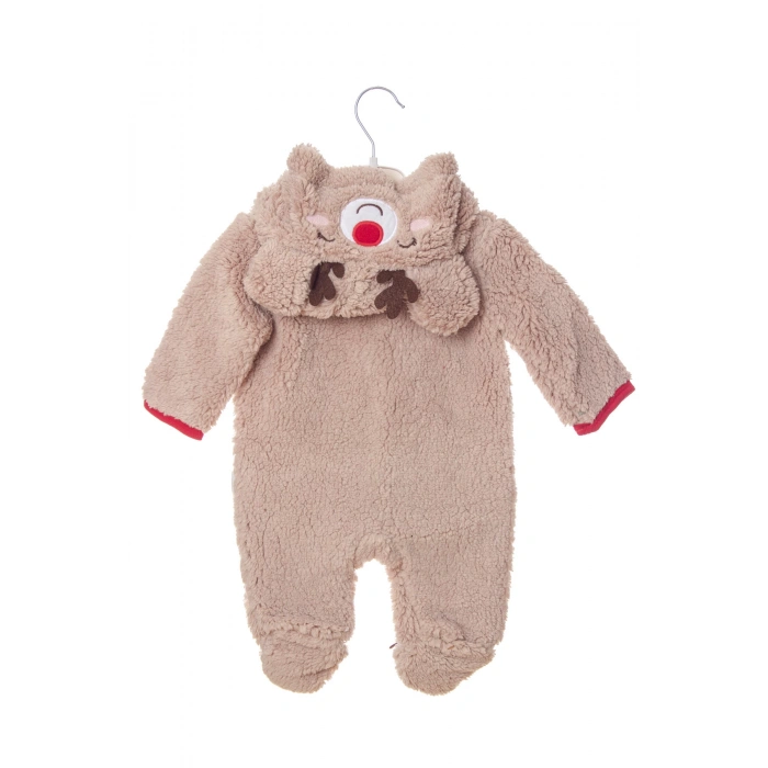 kum beji renkli uzun kollu organik kapusonlu fermuarli sevimli geyik tulum kiyafet