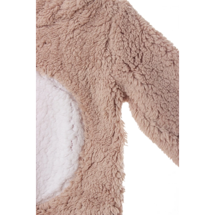 kum beji renkli uzun kollu organik kapusonlu fermuarli sevimli geyik tulum kiyafet