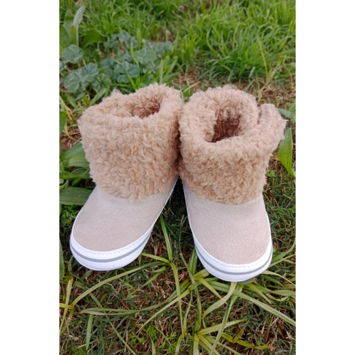 kum renkli ici pamuklu cirtli bantli kapamali organik unisex cocuk bebek ilkadim patik panduf