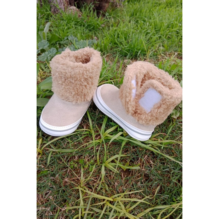 kum renkli ici pamuklu cirtli bantli kapamali organik unisex cocuk bebek ilkadim patik panduf