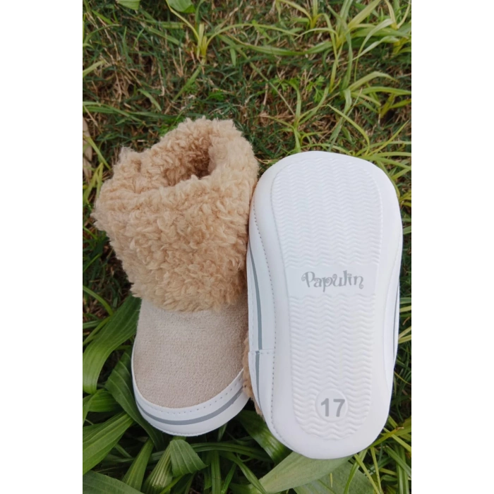 kum renkli ici pamuklu cirtli bantli kapamali organik unisex cocuk bebek ilkadim patik panduf