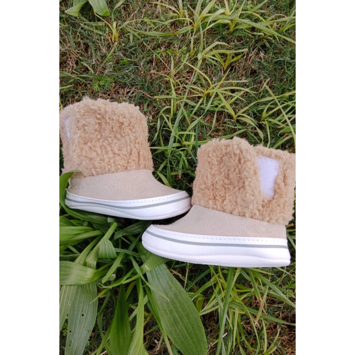 kum renkli ici pamuklu cirtli bantli kapamali organik unisex cocuk bebek ilkadim patik panduf