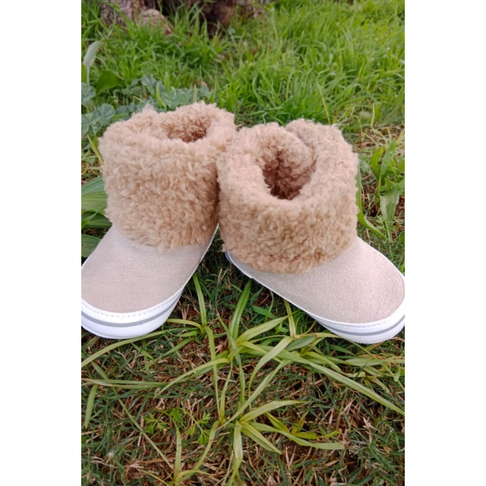 kum renkli ici pamuklu cirtli bantli kapamali organik unisex cocuk bebek ilkadim patik panduf