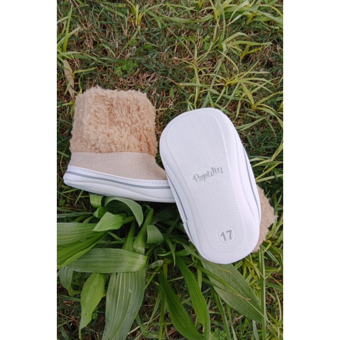 kum renkli ici pamuklu cirtli bantli kapamali organik unisex cocuk bebek ilkadim patik panduf