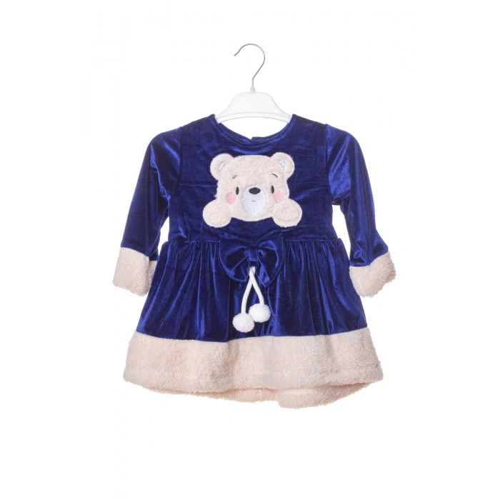 lacivert renkli bear kadife elbise detayli ayicik nakisli kaliteli uzun kollu elbise