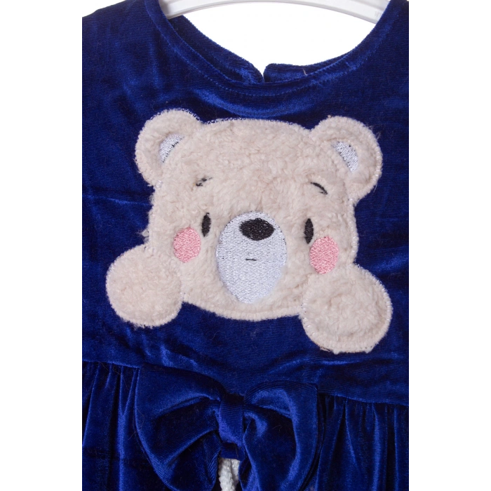 lacivert renkli bear kadife elbise detayli ayicik nakisli kaliteli uzun kollu elbise