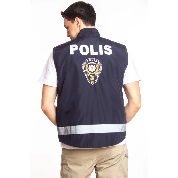 lacivert renkli cift tarafli polis emniyet mensubu reflektorlu polis gorev yelek