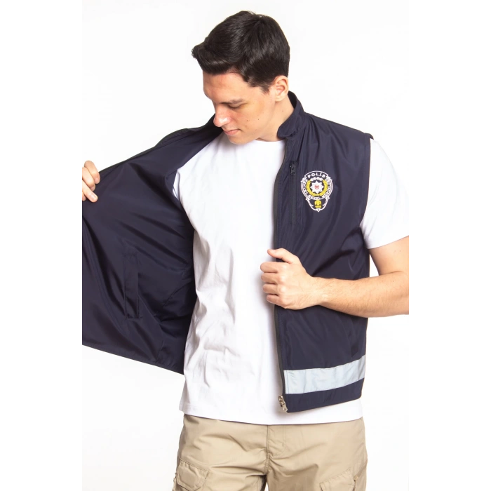 lacivert renkli cift tarafli polis emniyet mensubu reflektorlu polis gorev yelek