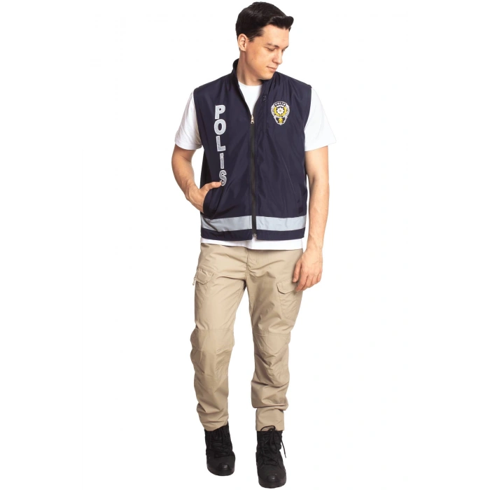 lacivert renkli cift tarafli polis emniyet mensubu reflektorlu polis gorev yelek