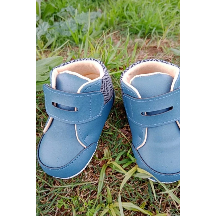 lacivert renkli ici pamuklu cirtli bantli kapamali organik unisex cocuk bebek ilkadim patik ayakkabi