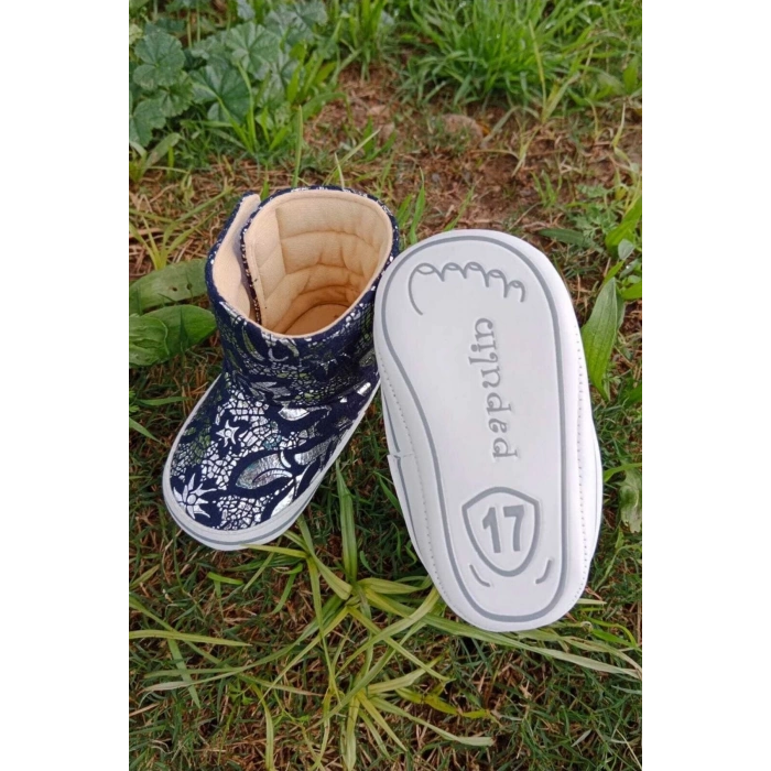 lacivert renkli ici pamuklu cirtli bantli kapamali organik unisex cocuk bebek ilkadim patik panduf