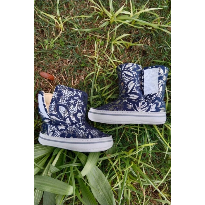 lacivert renkli ici pamuklu cirtli bantli kapamali organik unisex cocuk bebek ilkadim patik panduf