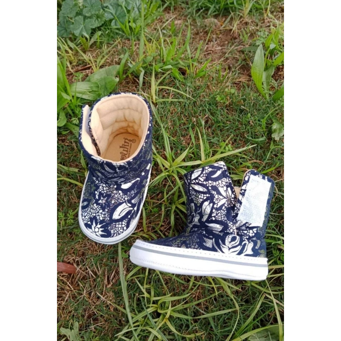 lacivert renkli ici pamuklu cirtli bantli kapamali organik unisex cocuk bebek ilkadim patik panduf