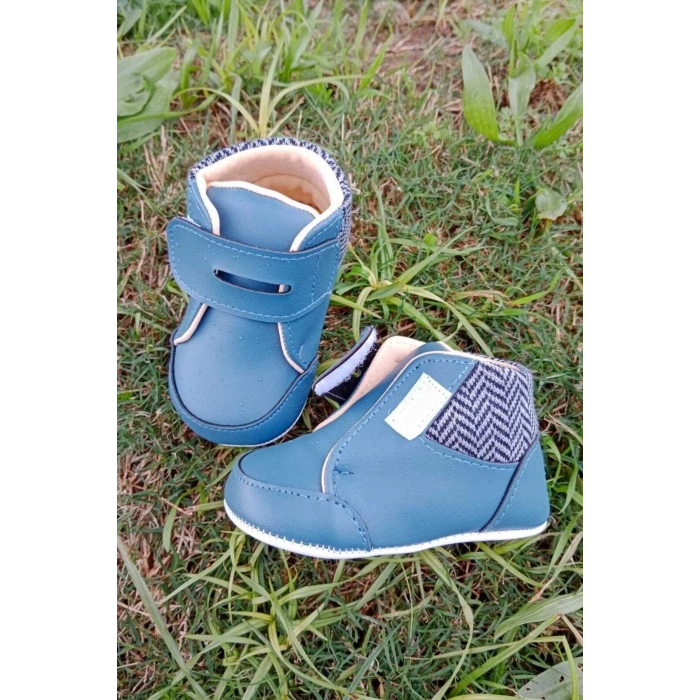 lacivert renkli ici pamuklu cirtli bantli kapamali organik unisex cocuk bebek ilkadim patik ayakkabi