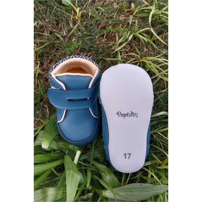 lacivert renkli ici pamuklu cirtli bantli kapamali organik unisex cocuk bebek ilkadim patik ayakkabi