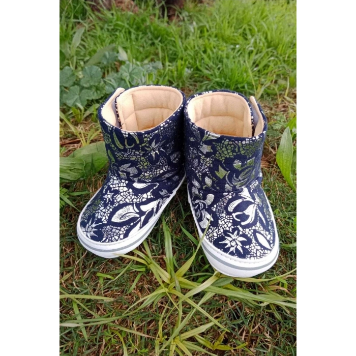 lacivert renkli ici pamuklu cirtli bantli kapamali organik unisex cocuk bebek ilkadim patik panduf