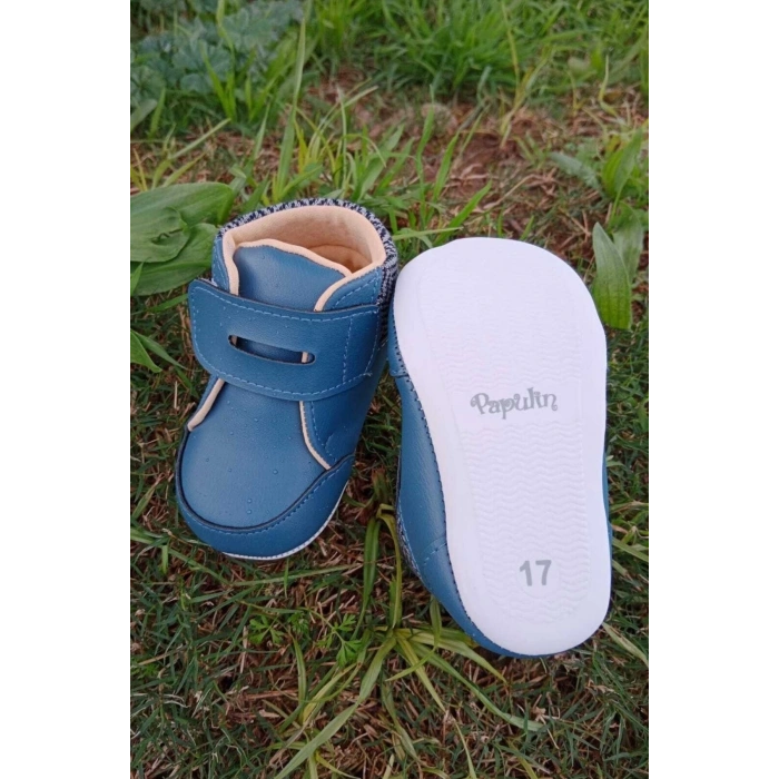 lacivert renkli ici pamuklu cirtli bantli kapamali organik unisex cocuk bebek ilkadim patik ayakkabi