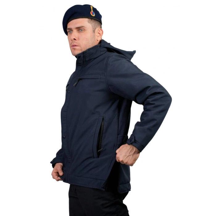 lacivert renkli jandarma asayis 5 cepli uzun kollu soguk gecirmez softshell kapusonlu taktik mont