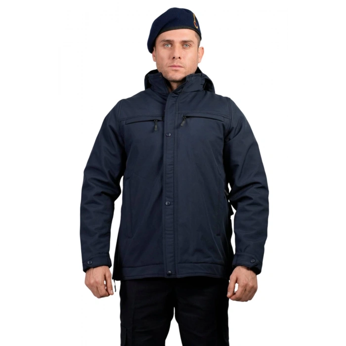 lacivert renkli jandarma asayis 5 cepli uzun kollu soguk gecirmez softshell kapusonlu taktik mont