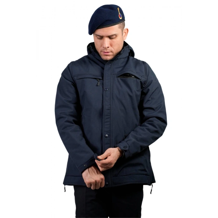lacivert renkli jandarma asayis 5 cepli uzun kollu soguk gecirmez softshell kapusonlu taktik mont