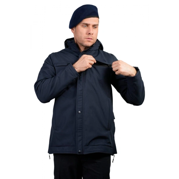 lacivert renkli jandarma asayis 5 cepli uzun kollu soguk gecirmez softshell kapusonlu taktik mont