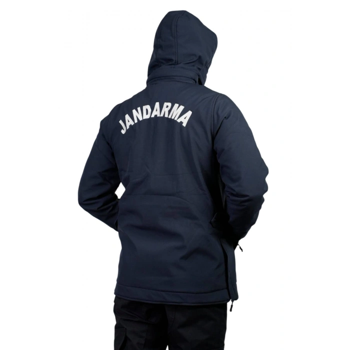 lacivert renkli jandarma asayis 5 cepli uzun kollu soguk gecirmez softshell kapusonlu taktik mont
