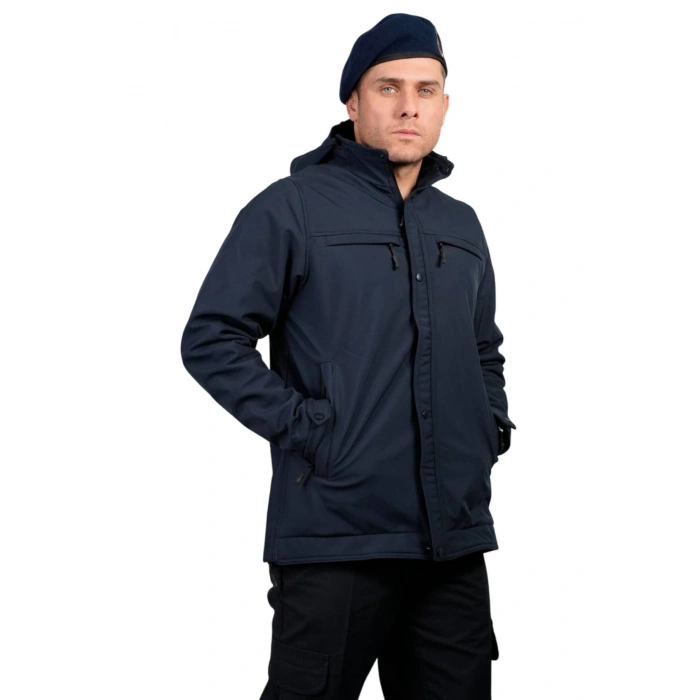 lacivert renkli jandarma asayis 5 cepli uzun kollu soguk gecirmez softshell kapusonlu taktik mont